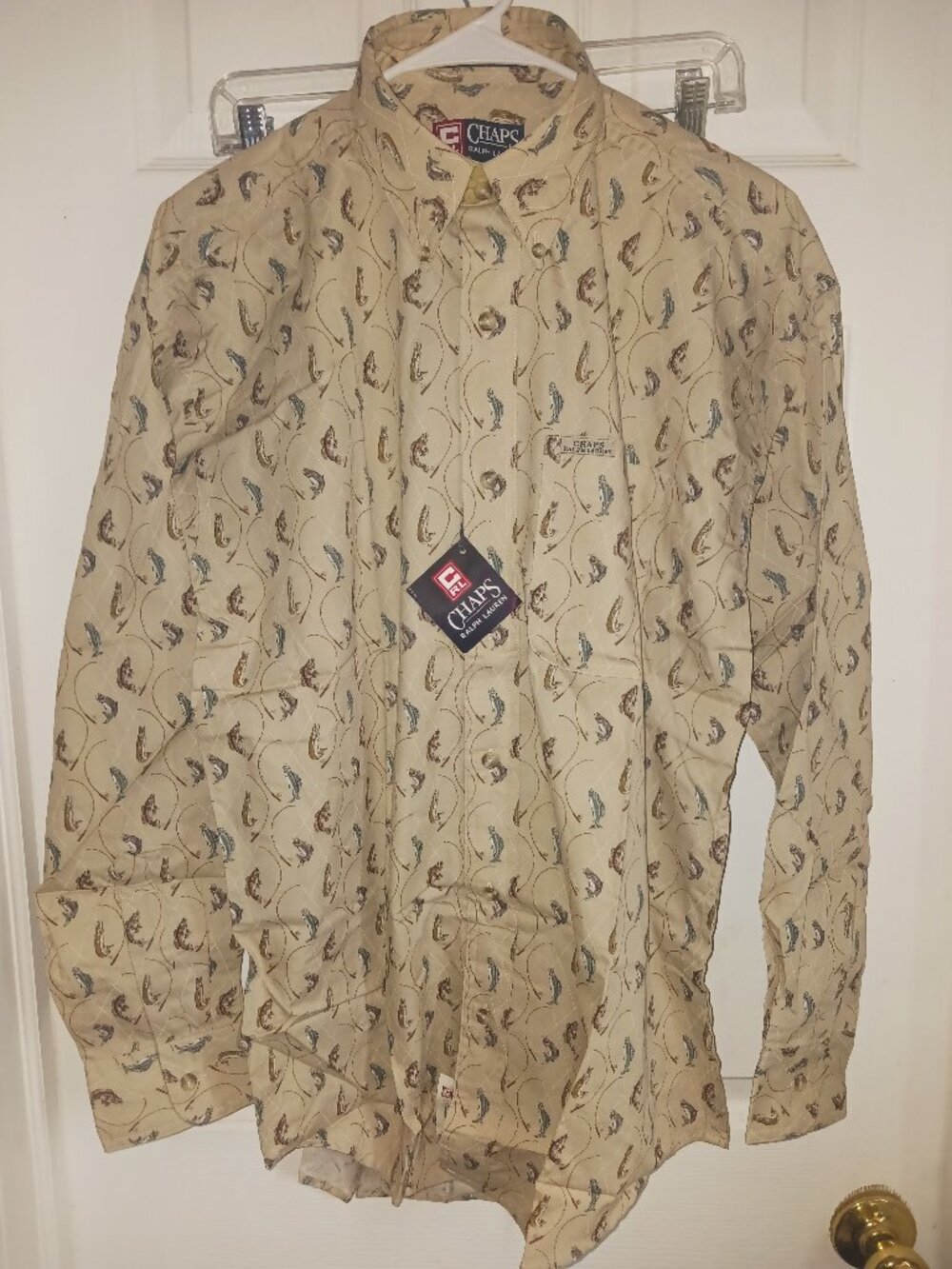 Chaps Ralph Lauren Fly Fishing Print Long Sleeve Button Up Shirt Pockets M NWT